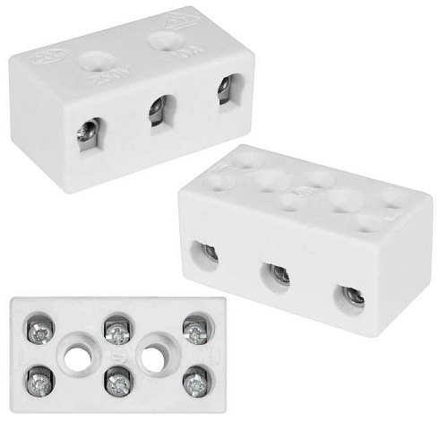 Клемма винтовая керамическая RUICHI КВК-3-12, для проводов сечением 2.5 мм2, 3x2 контакта, 400 В, 12 А, -40...+450 °C, белая