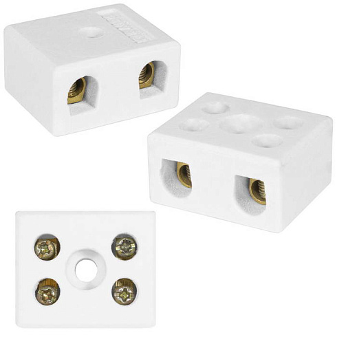 Клемма винтовая керамическая RUICHI КВК-2-16, для проводов сечением 4 мм2, 2x2 контакта, 400 В, 16 А, -40...+450 °C, белая