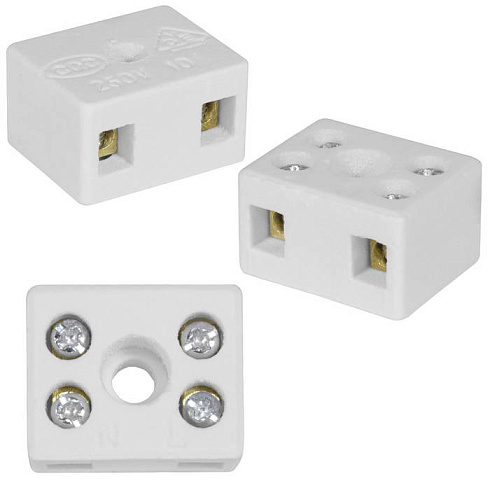 Клемма винтовая керамическая RUICHI КВК-2-5, для проводов сечением 2.5 мм2, 2x2 контакта, 400 В, 5 А, -40...+450 °C, белая