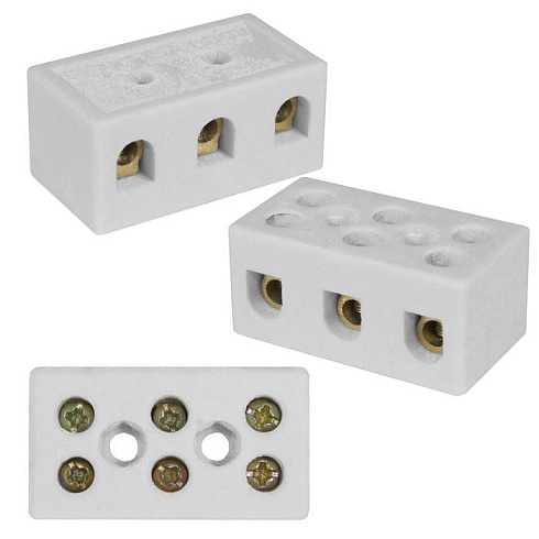 Клемма винтовая керамическая RUICHI КВК-3-16, для проводов сечением 4 мм2, 3x2 контакта, 400 В, 16 А, -40...+450 °C, белая