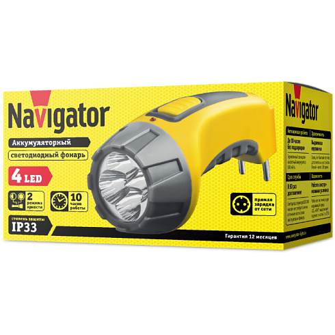 Фонарь Navigator 94 951 NPT-CP03-ACCU Пласт. 4LED, прямая зарядка, аккумулятор 500мАч.