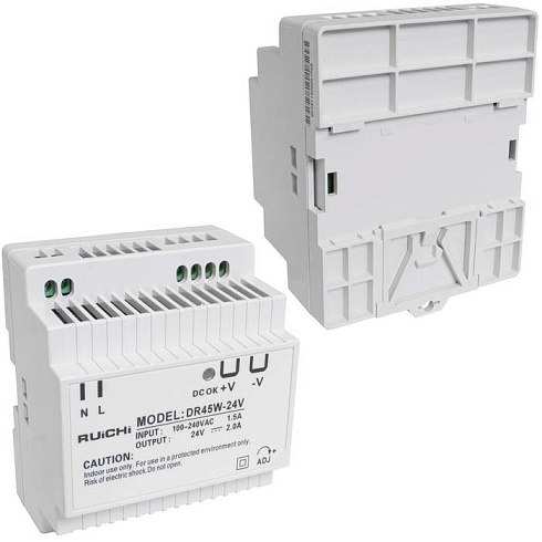Блок питания на DIN-рейку RUICHI DR-45-24, 100-240 В (АС) 1,875 А, 24 В, пластиковый корпус