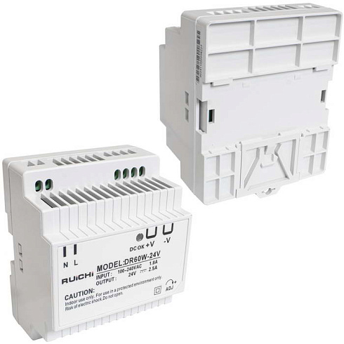 Блок питания на DIN-рейку RUICHI DR-60-24, 100-240 В (АС) 2,5 А, 24 В, пластиковый корпус